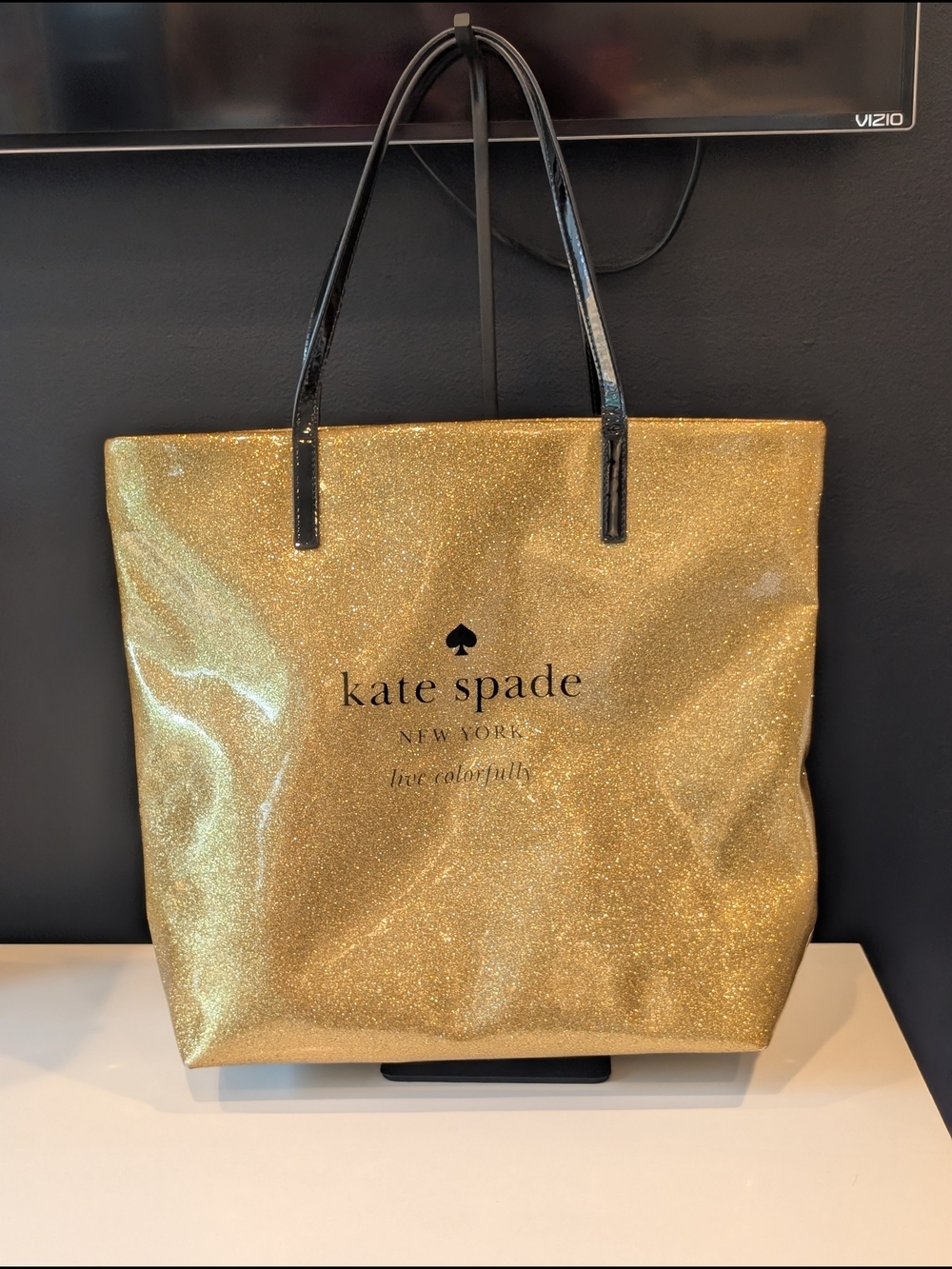 Kate Spade New York Bon Glitter Gold Tote with Patent Leather Handles